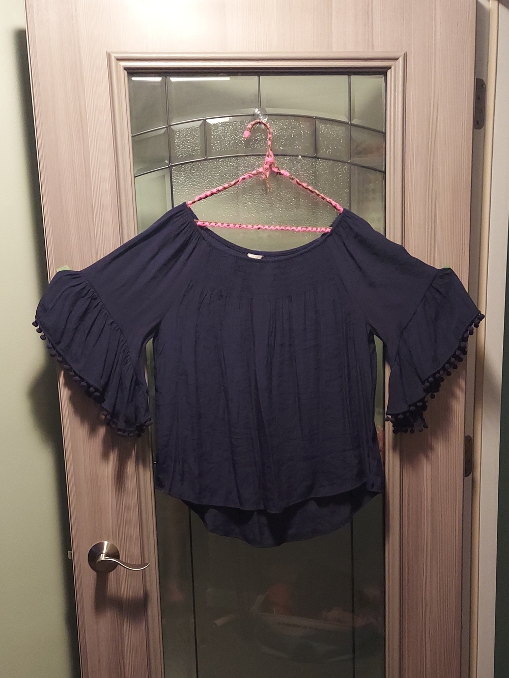 Cato Navy Pom-Pom Bell Sleeve Blouse